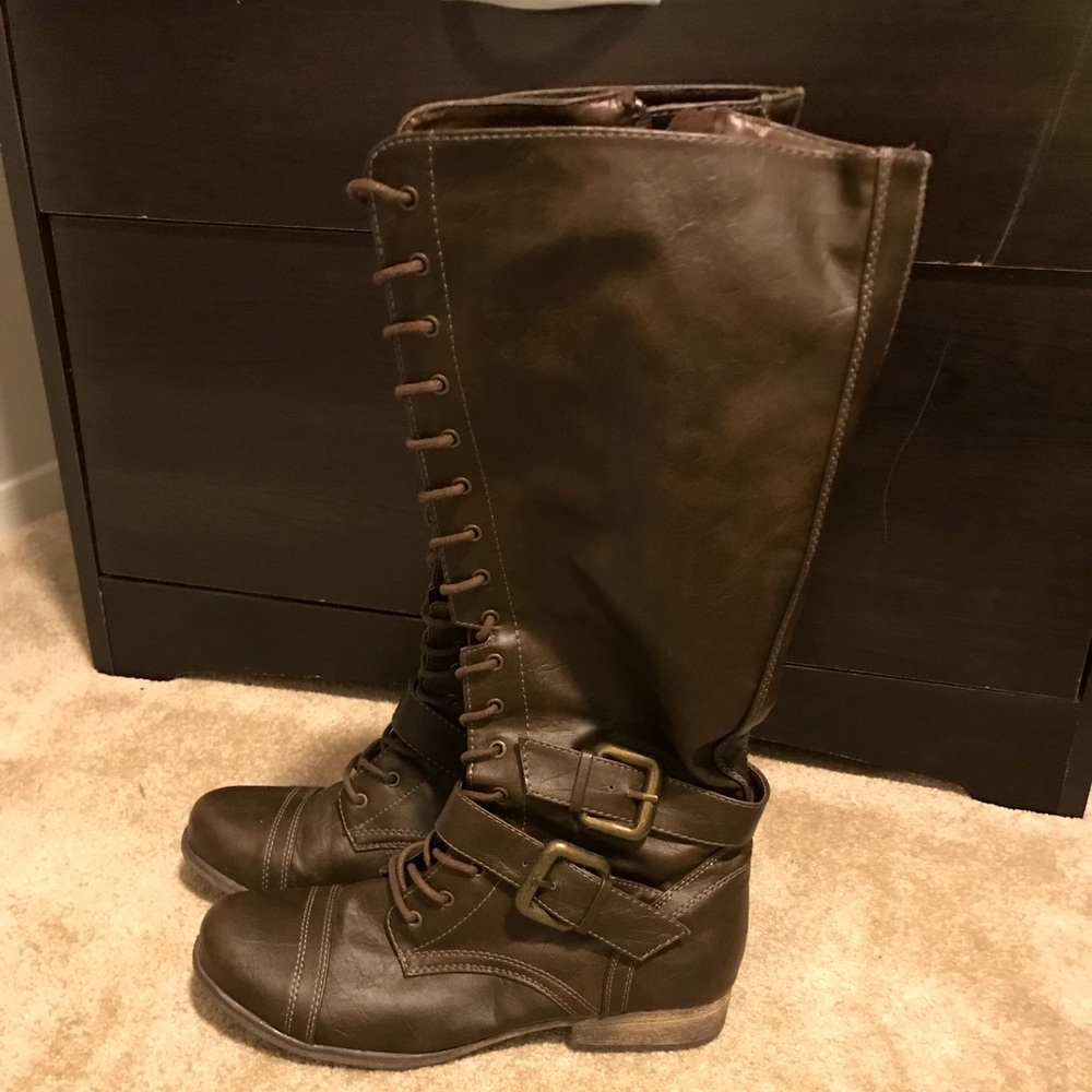 Tall brown combat boots
